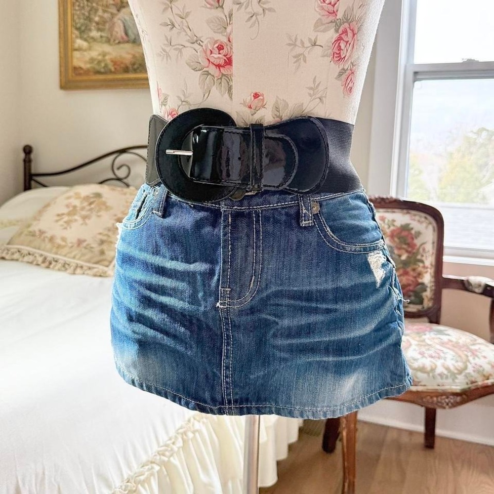 y2k wide black stretch belt‎ patent buckle